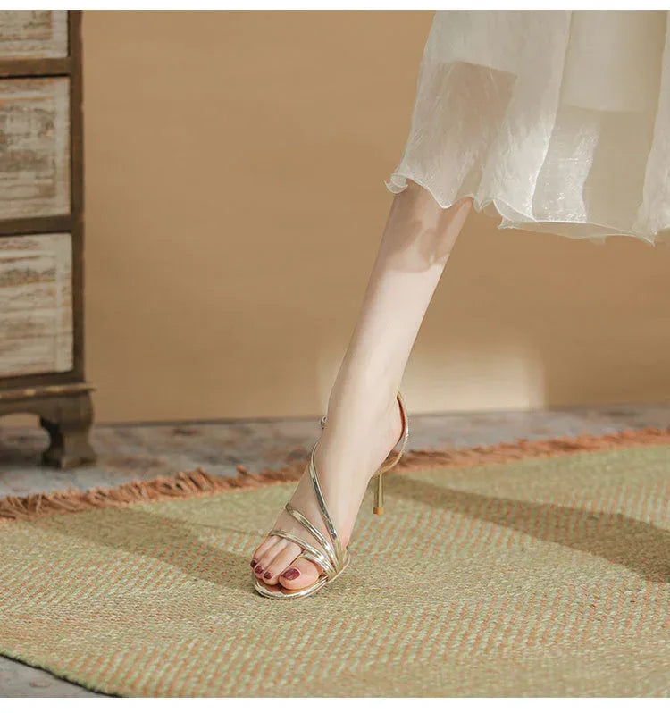 Gold Thin Round Toe High Heels - Viexta
