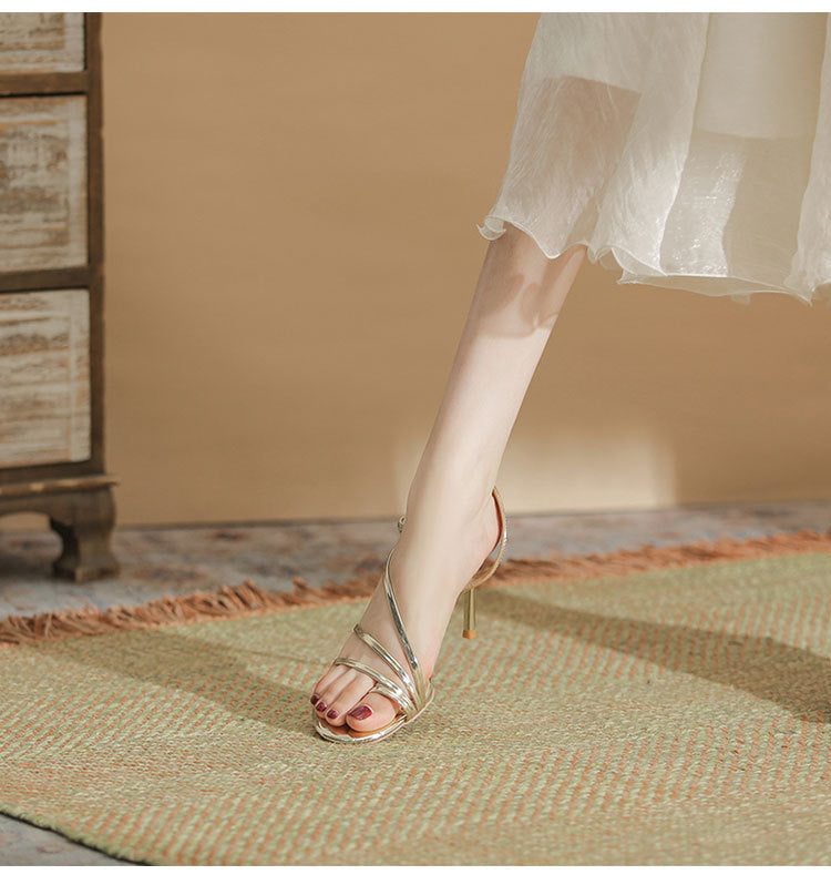 Gold Thin Round Toe High Heels