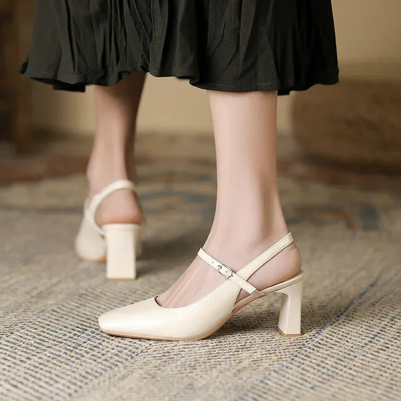 French Retro Square Toe High Heels - Viexta