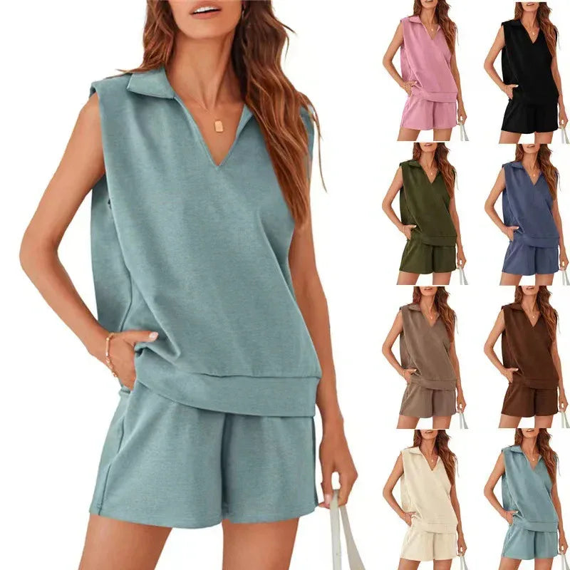 Solid Sleeveless V-neck T-shirt with Shorts Suit - Viexta