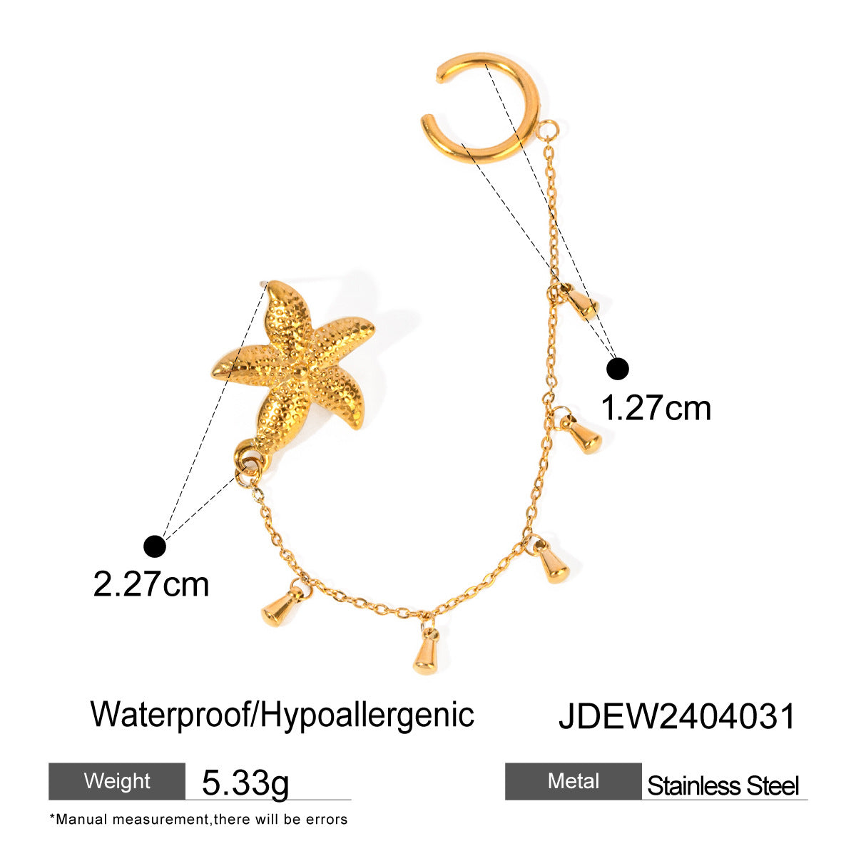 18K Gold Stainless Steel Single Starfish Rhinestone Ear Clip