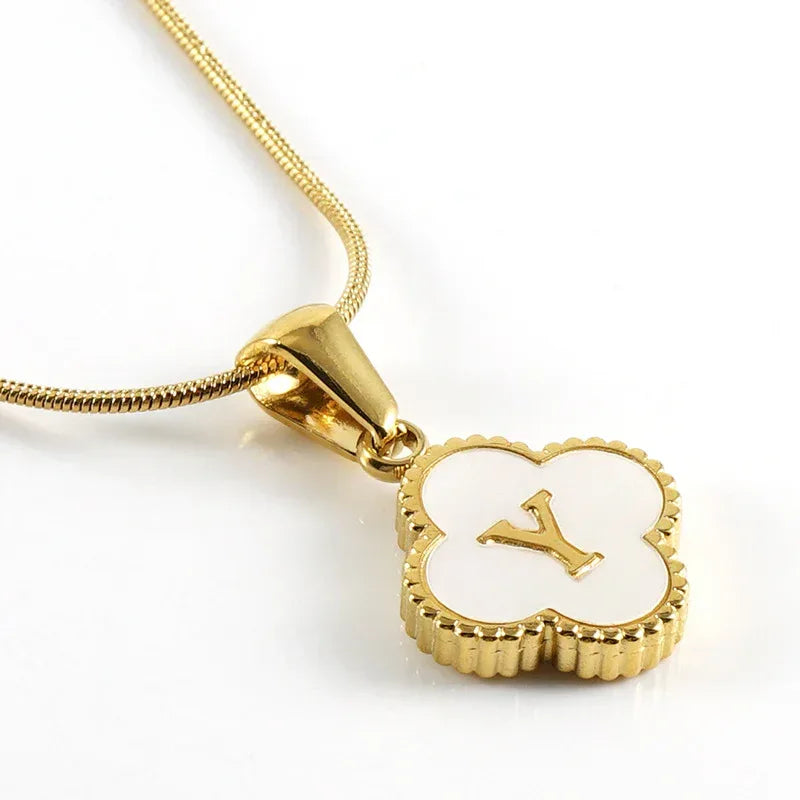 Stainless Steel Clover Shell Letter Pendant with Chain - Viexta