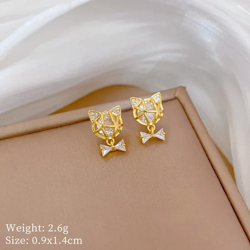 Full Diamond Bow Cat Earrings - Viexta