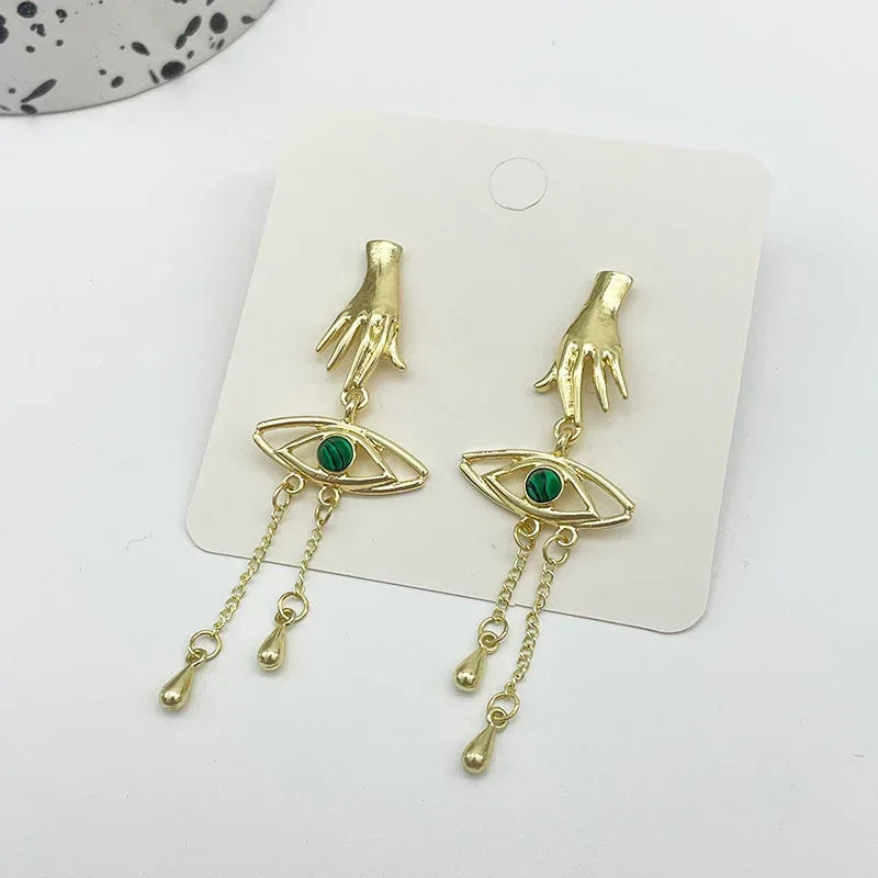 Retro Exaggerated Finger Turquoise Eyes Tassel Earrings - Viexta