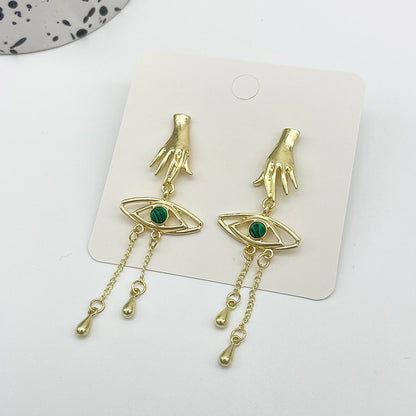 Retro Exaggerated Finger Turquoise Eyes Tassel Earrings