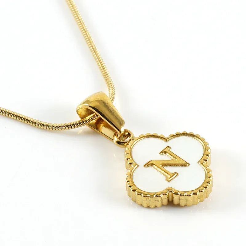Stainless Steel Clover Shell Letter Pendant with Chain - Viexta