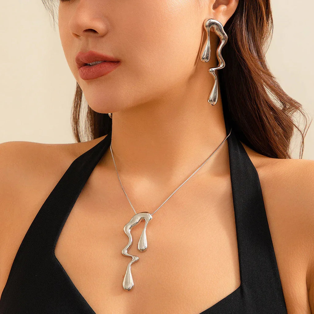 Liquid Metallic Irregular Water Drop Necklace/Earrings - Viexta