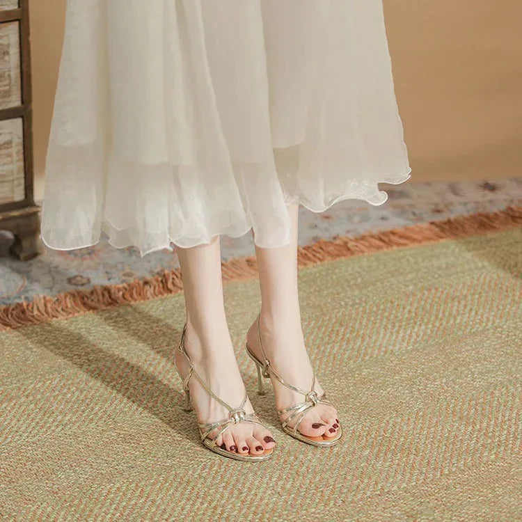 Gold Thin Round Toe High Heels - Viexta