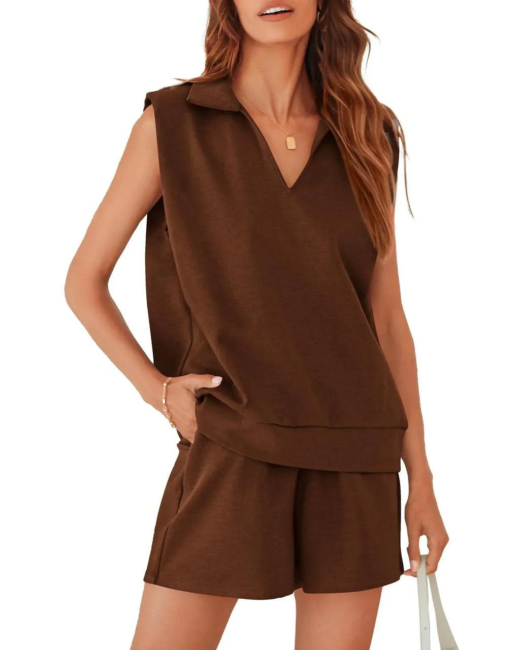 Solid Sleeveless V-neck T-shirt with Shorts Suit - Viexta