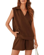 Solid Sleeveless V-neck T-shirt with Shorts Suit - Viexta
