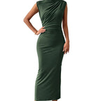 Sleeveless Round Neck Pleated Slit Hemline Dress - Viexta