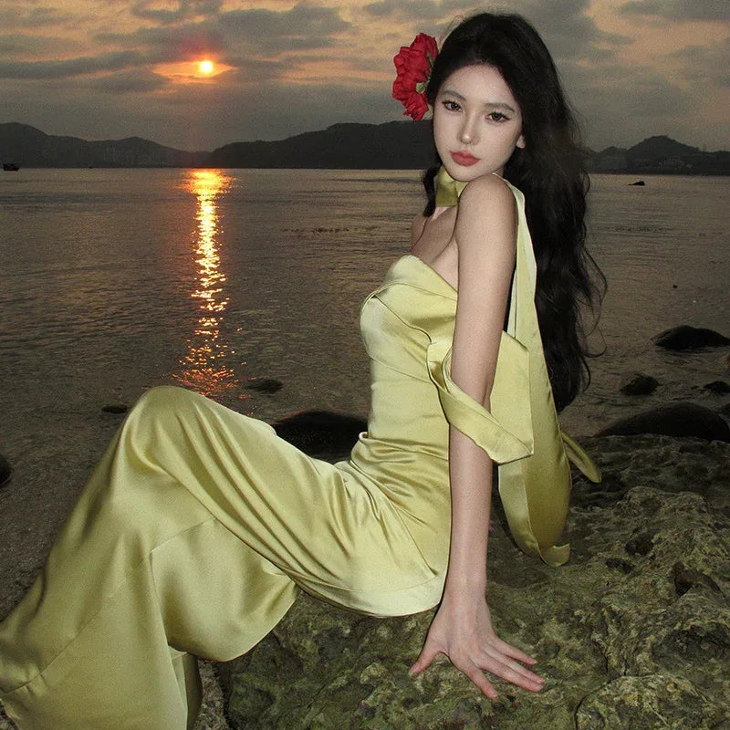 Acetate Satin Yellow Tube Dress withScarf - Viexta