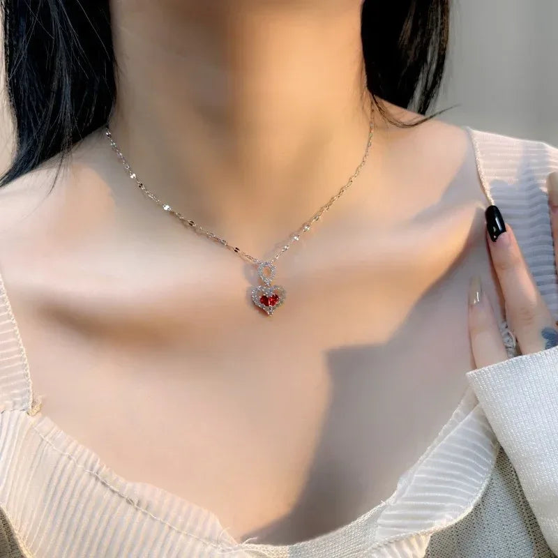 Titanium Steel Ruby Water Drop Necklace - Viexta