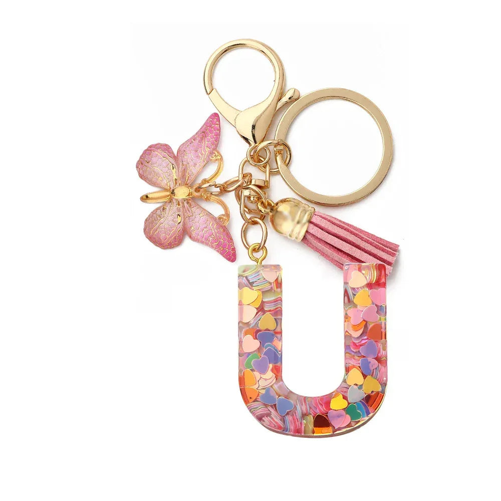 Resin English Letter Epoxy Butterfly Pendant Key Ring - Viexta