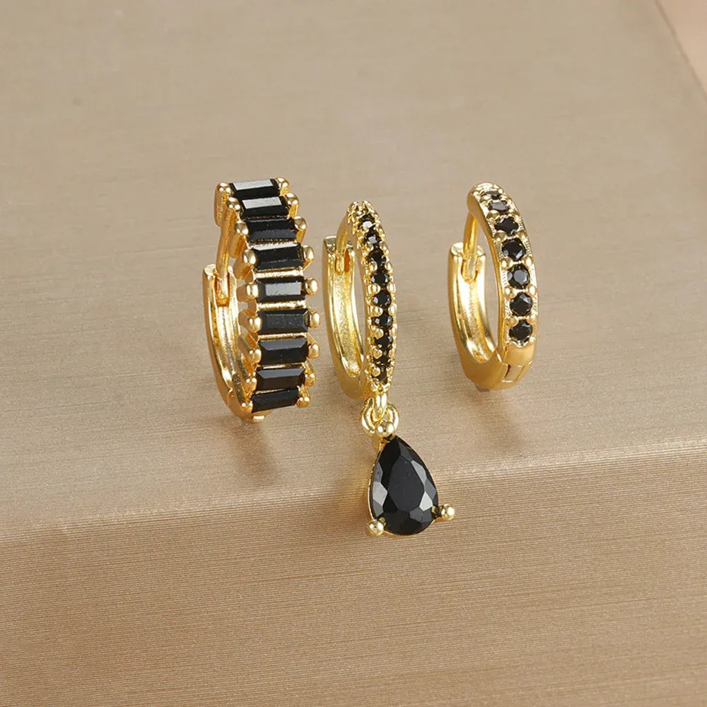 3piece Water Drop Diamond Gold Plated Earrings with Helix - Viexta