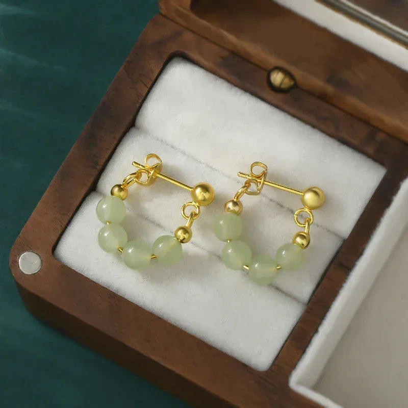 Retro Green Beads String Stud Earrings - Viexta