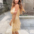 V-neck Strap Feather Stitching Dress - Viexta