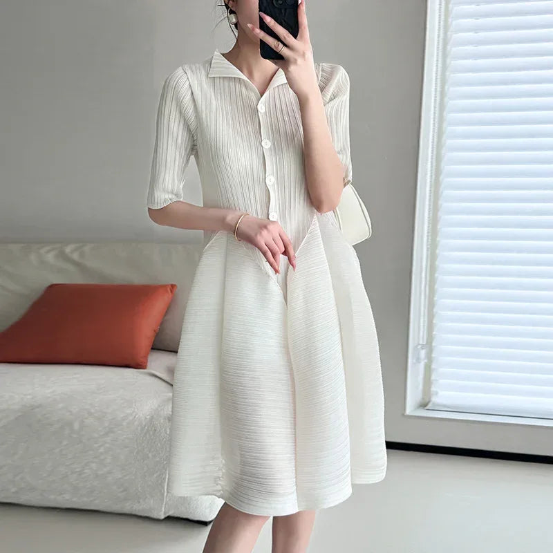 Printed Loose Slimming Belly-covering Pleated T-shirt Dress - Viexta