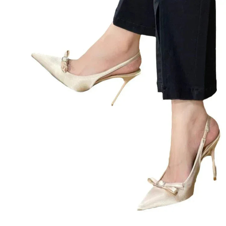 Stiletto Nude Color Low-cut Bowknot Pointed Heels - Viexta