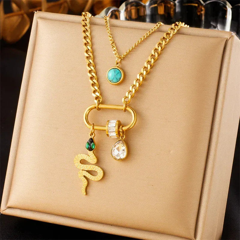 Double-layer Stainless Steel Turquoise Necklace - Viexta