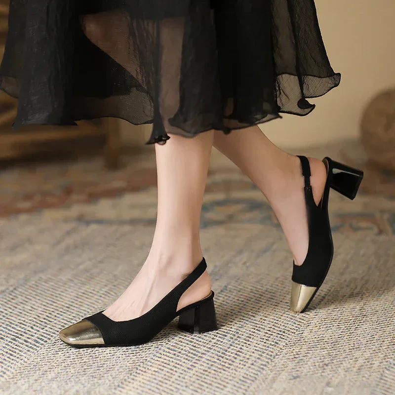 Chunky French Gold Tone Heels - Viexta