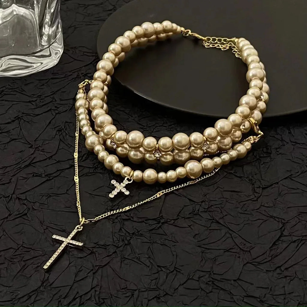 Women's Multi-layer Pearl Cross Necklace - Viexta
