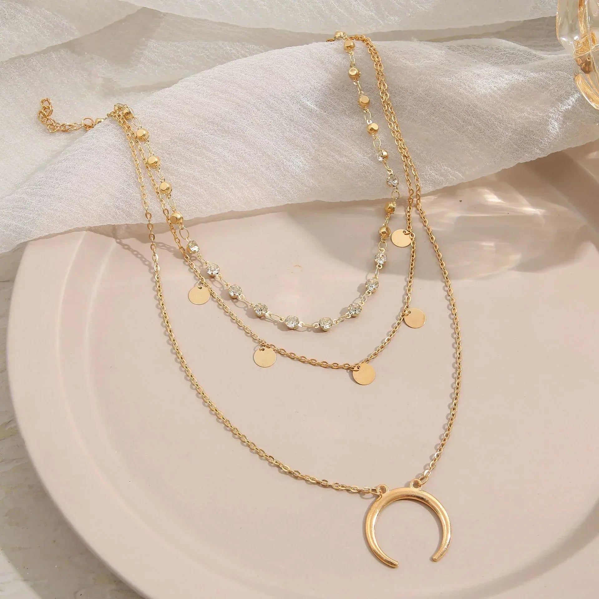 Round Slice Tassel Moon Multi-layer Necklace - Viexta