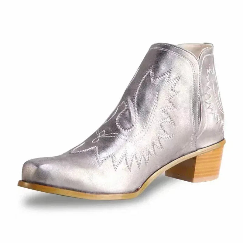 Embroidered Chunky Heel Tube Boots - Viexta