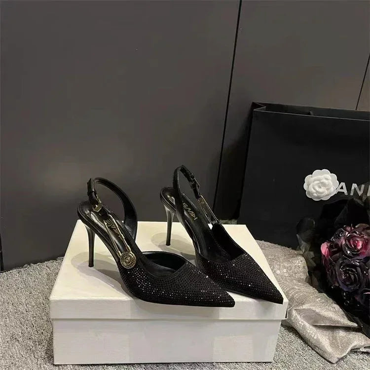 Rhinestone Patent Leather Closed Toe Heels - Viexta