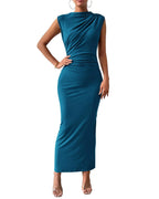 Sleeveless Round Neck Pleated Slit Hemline Dress - Viexta