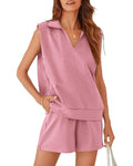 Solid Sleeveless V-neck T-shirt with Shorts Suit - Viexta
