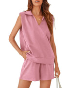 Solid Sleeveless V-neck T-shirt with Shorts Suit - Viexta