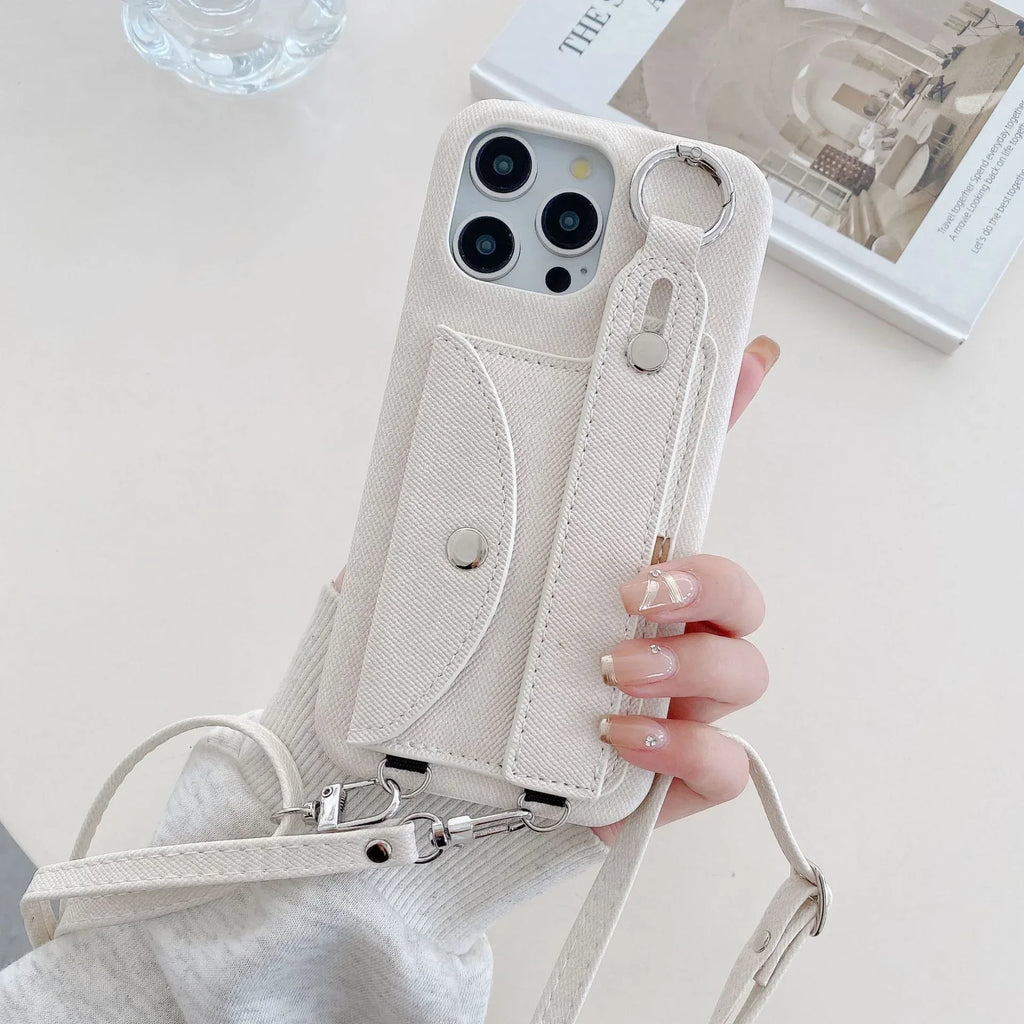 Leather Denim Pattern Wrist Strap iPhone Case - Viexta