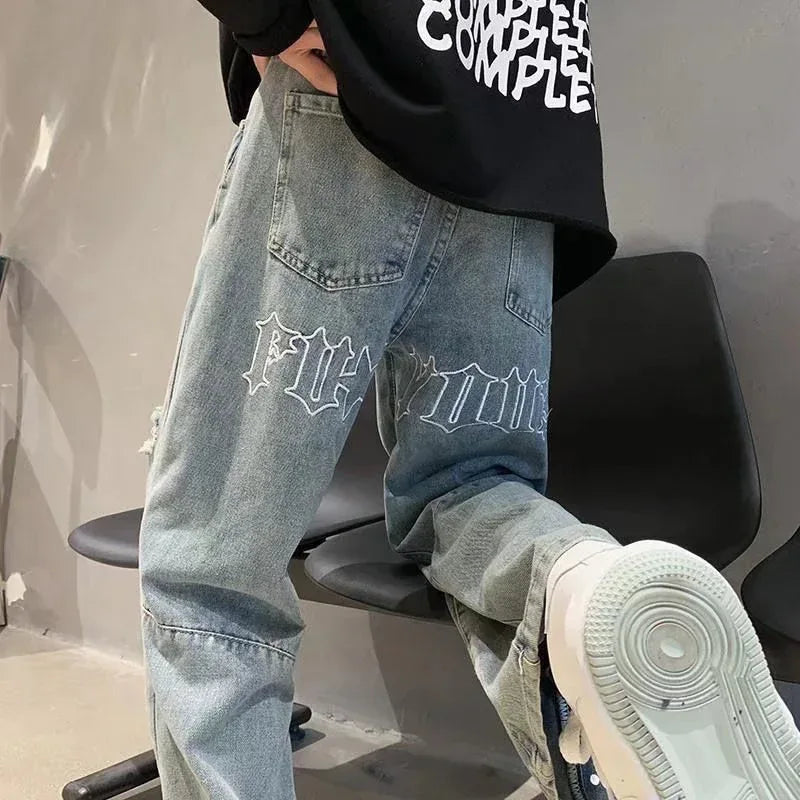 Letter Embroidery Loose Straight Pants - Viexta