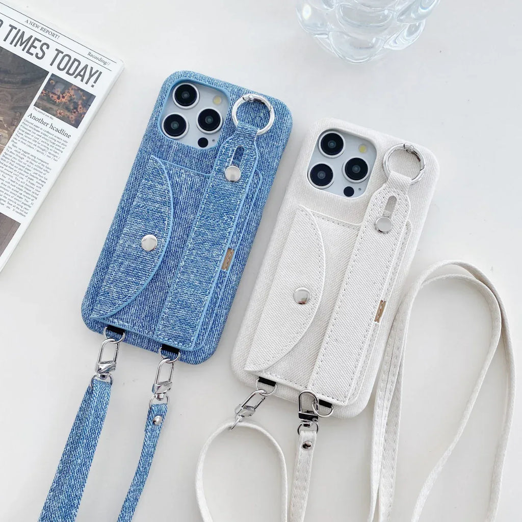 Leather Denim Pattern Wrist Strap iPhone Case - Viexta
