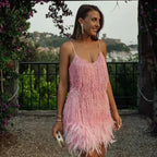 V-neck Strap Feather Stitching Dress - Viexta