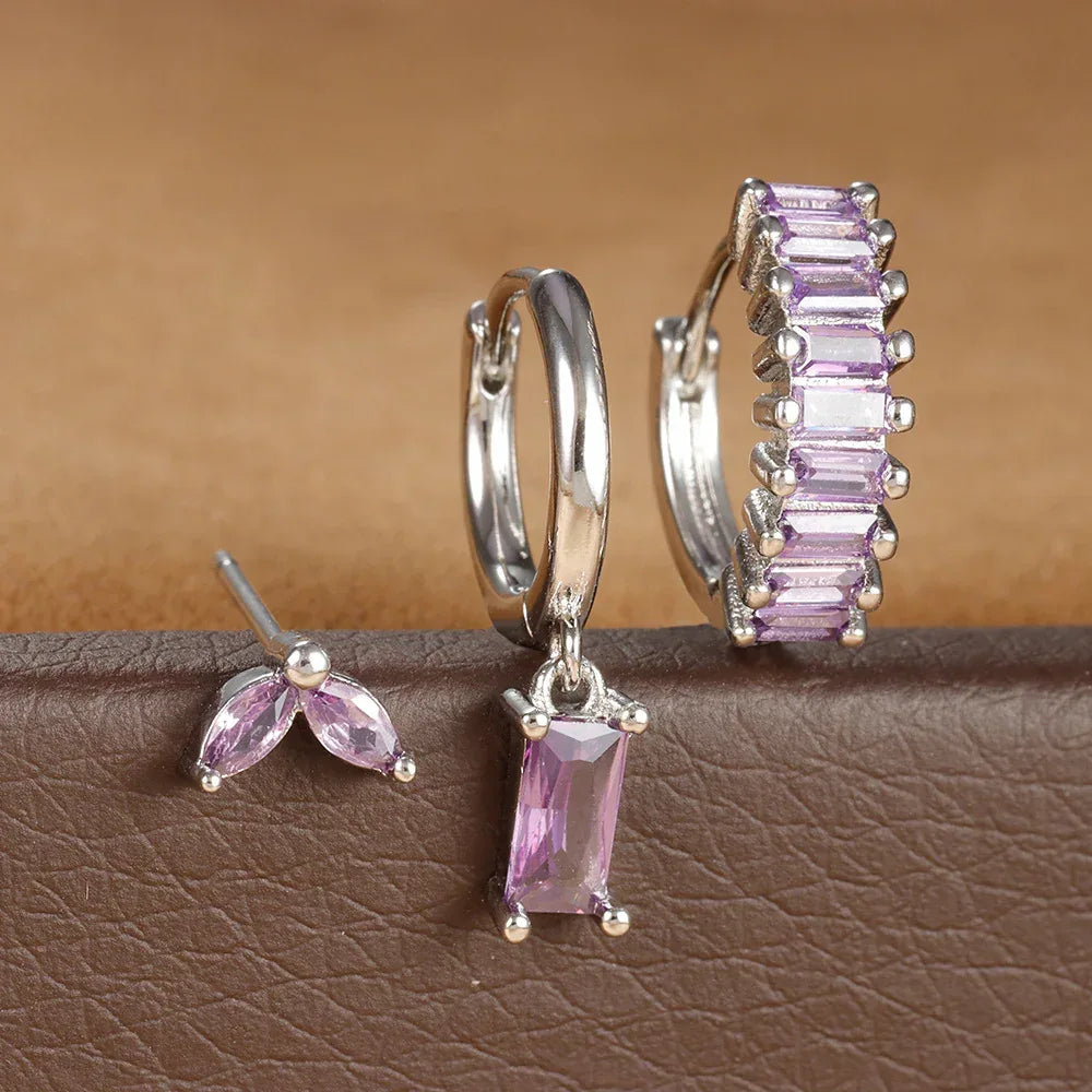 3 piece set Rectangular Zircon Earrings - Viexta