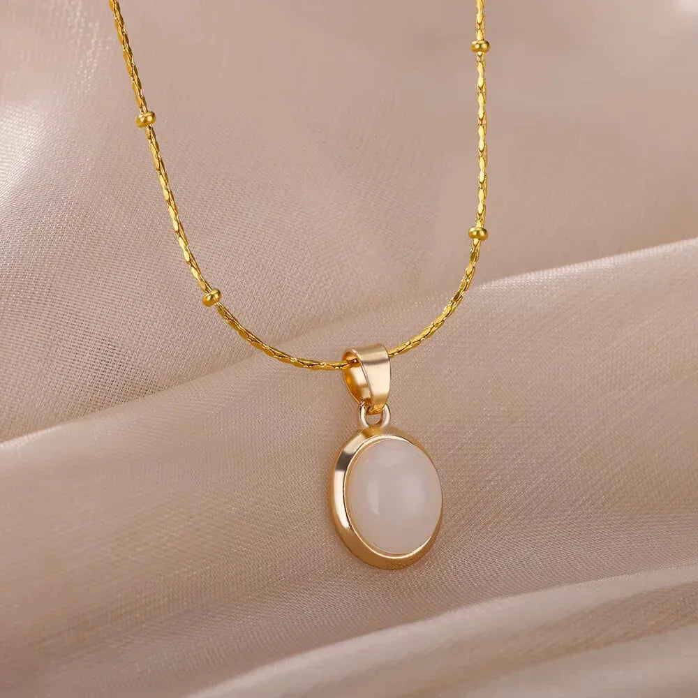 Oval Cat's Eye Pendant Titanium Steel Necklace - Viexta