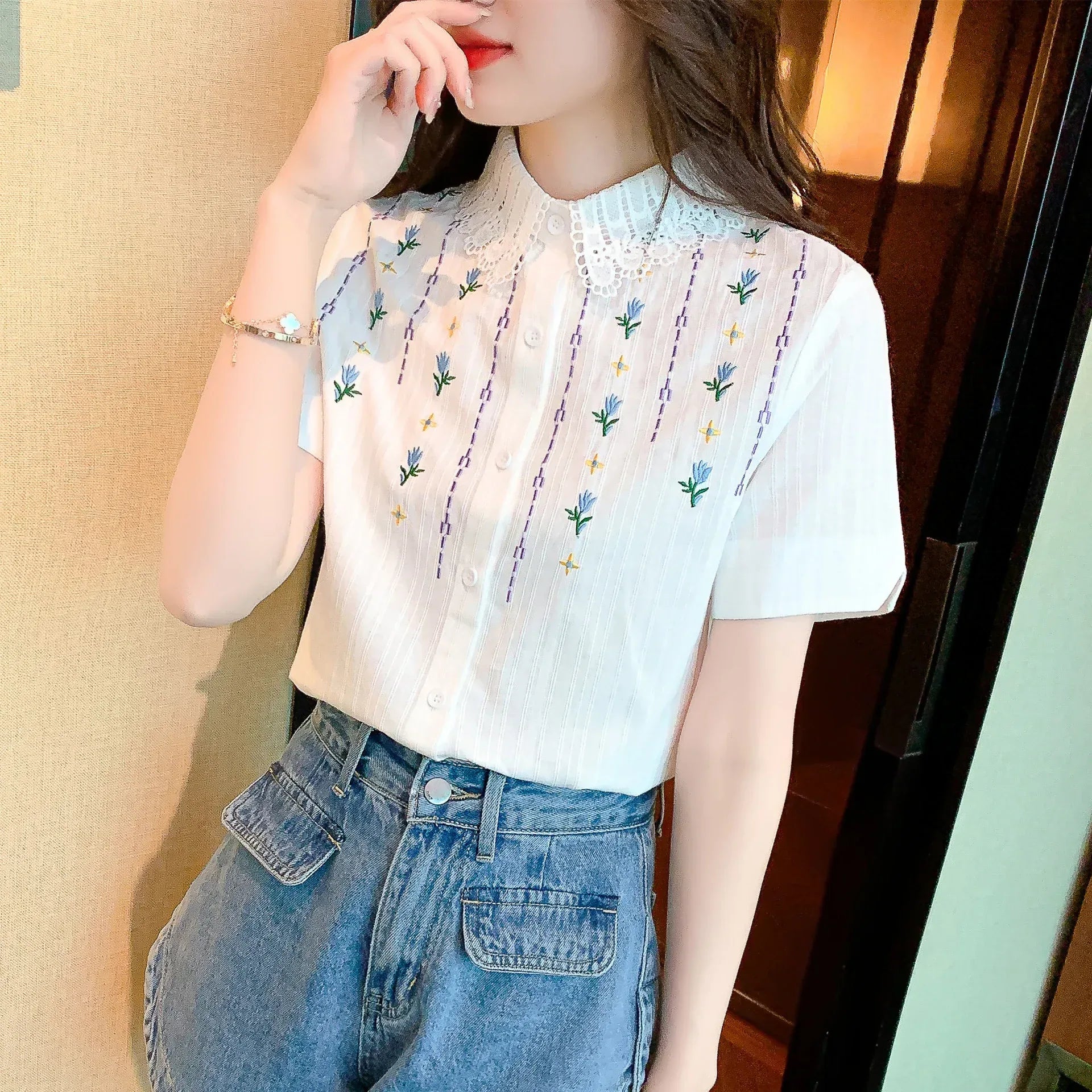 Cotton Embroidered Short-sleeved Top - Viexta