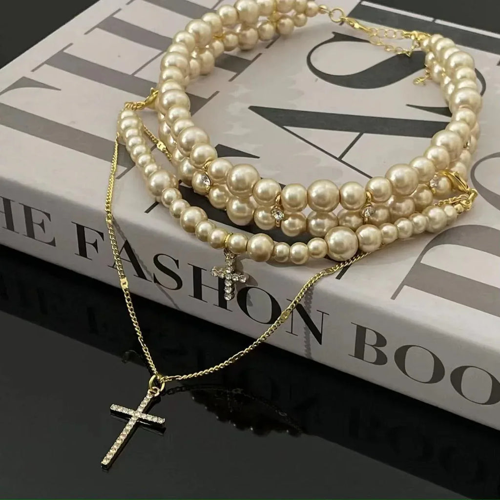 Women's Multi-layer Pearl Cross Necklace - Viexta
