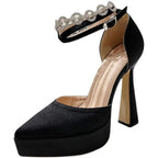 Chunky Heel Waterproof Pointed Toe Buckle Rhinestone Heels - Viexta