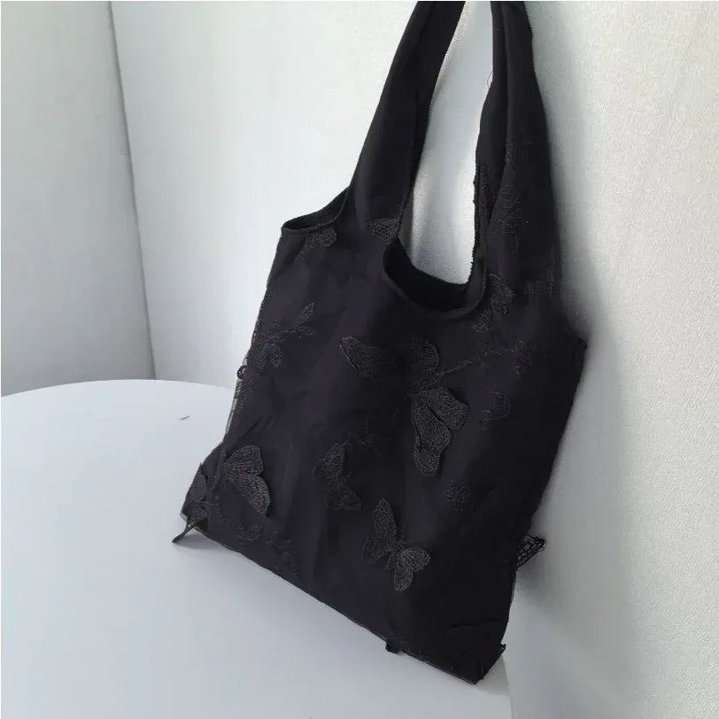 Embroidered Black Butterfly Canvas Bag - Viexta