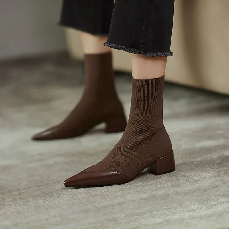 Yarn Pointed Chunky Heel Boots - Viexta