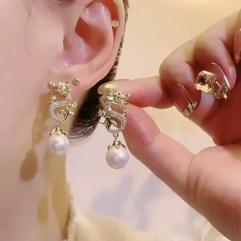 red-beads-zodiac-dragon-stud-earrings - Viexta