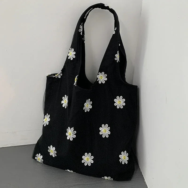Embroidered Black Butterfly Canvas Bag - Viexta