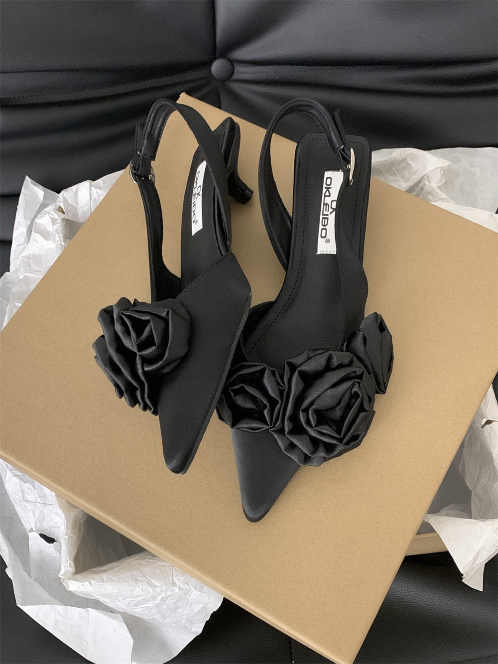 Flower Black Closed Toe Fairy Heels