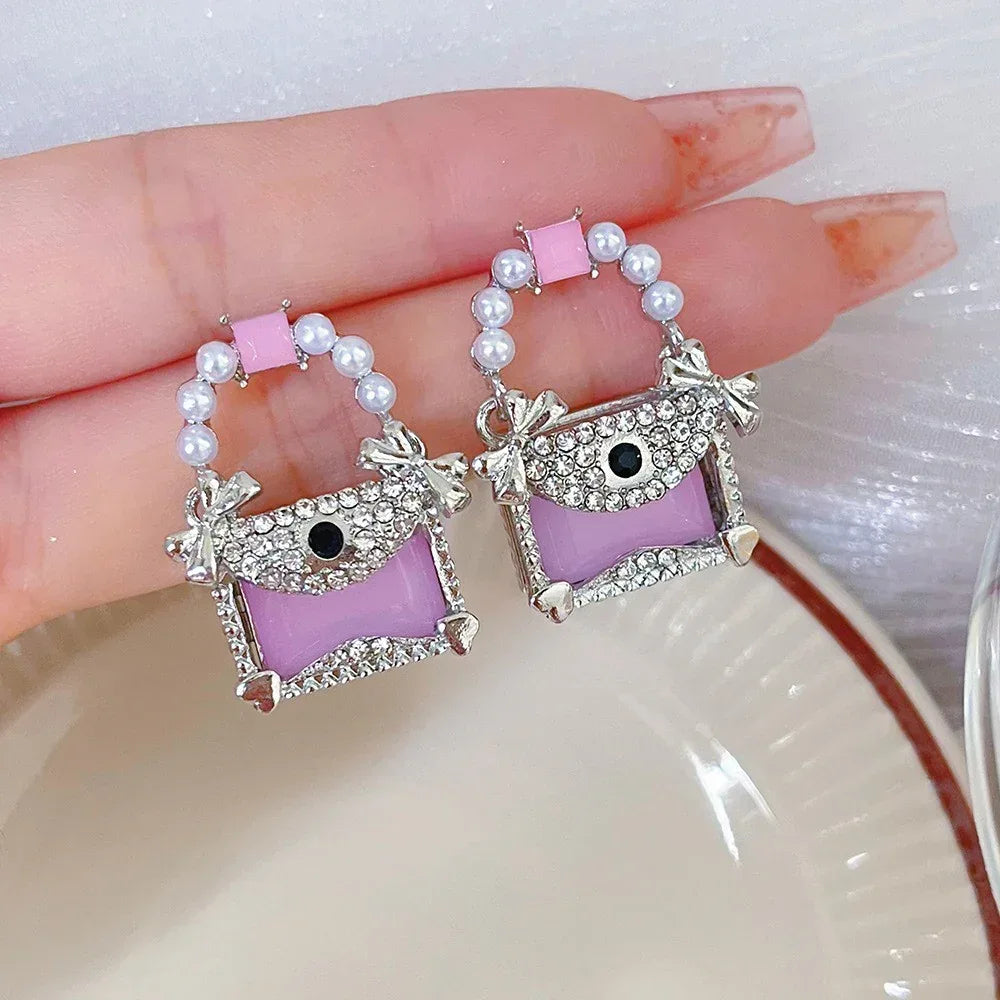Jelly Square Crystal Bow Silver Stud Earrings - Viexta