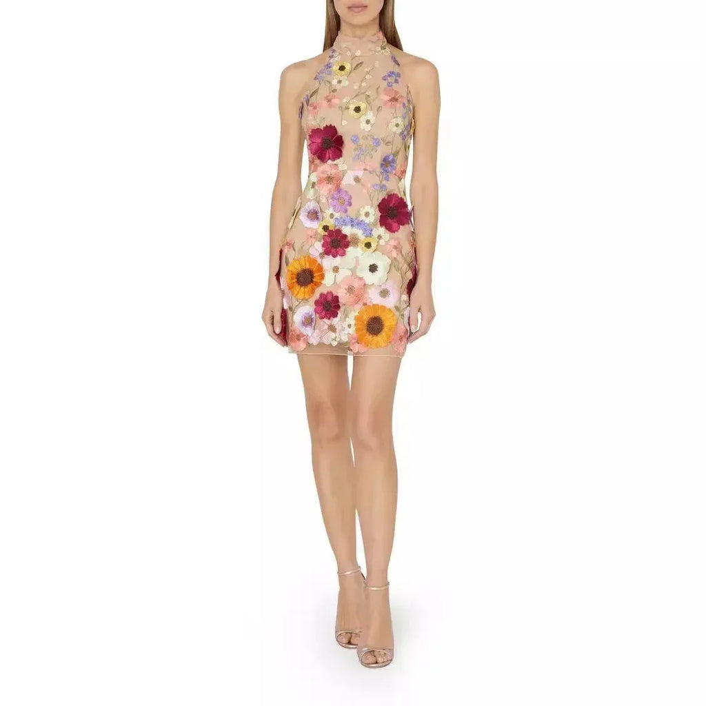 Embroidery Three-dimensional Flower Slim Fit Dress - Viexta