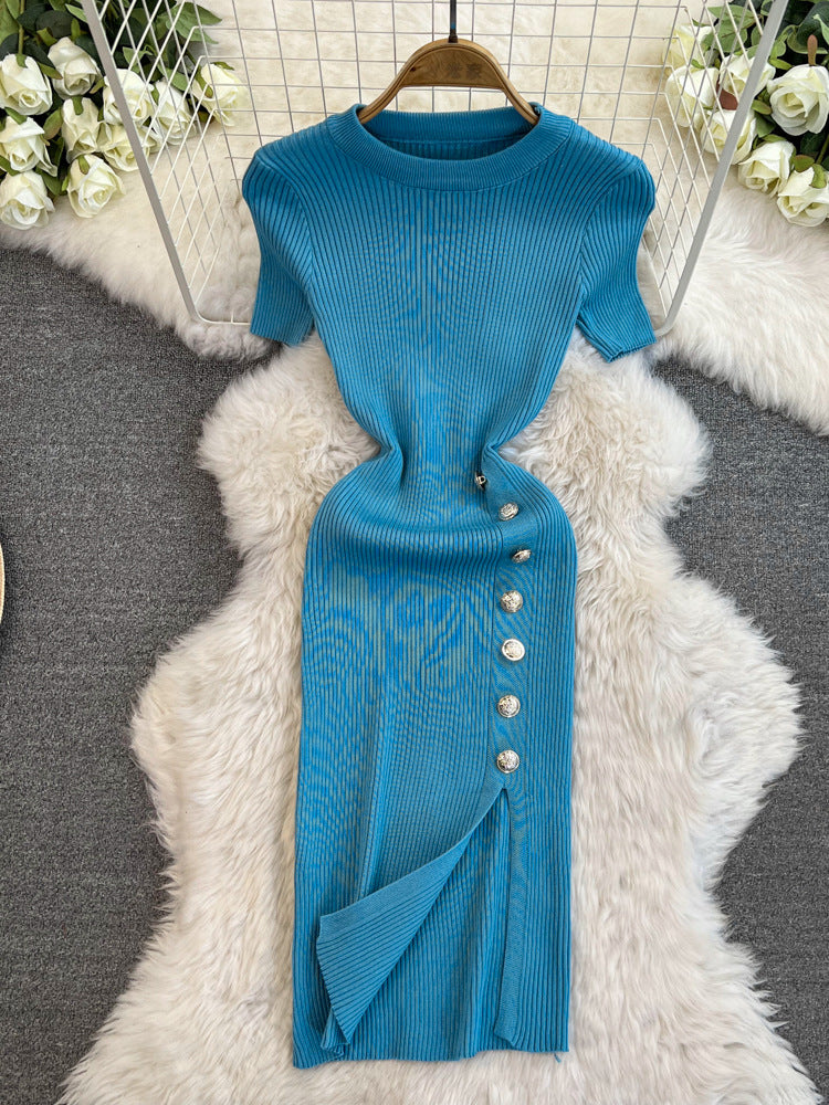 Solid Color Round Neck Knitted Slit Sheath Dress