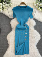 Solid Color Round Neck Knitted Slit Sheath Dress - Viexta
